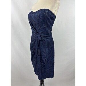 David Meister Strapless Cocktail Dress Blue Black Lace Metallic 6 Boning